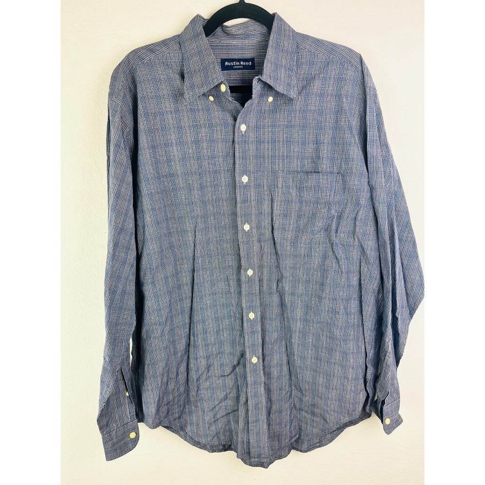 Austin Reed London Shirt Mens Large Gray Blue Small Check L/S Plaid EUC Preppy